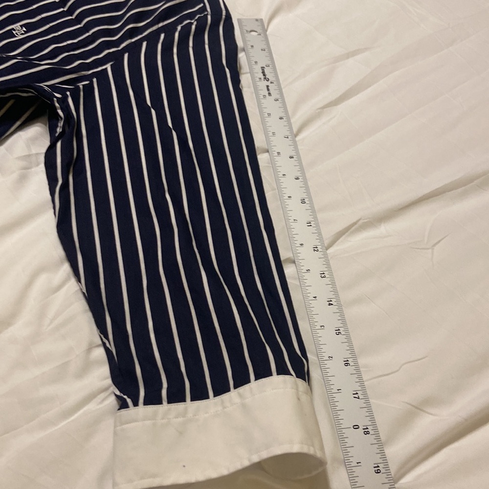 Ralph Lauren VTG Cuff & Collar Button-Up 3/4 Sleeve Shirt Navy/White Stripe SZ L - Picture 9 of 11